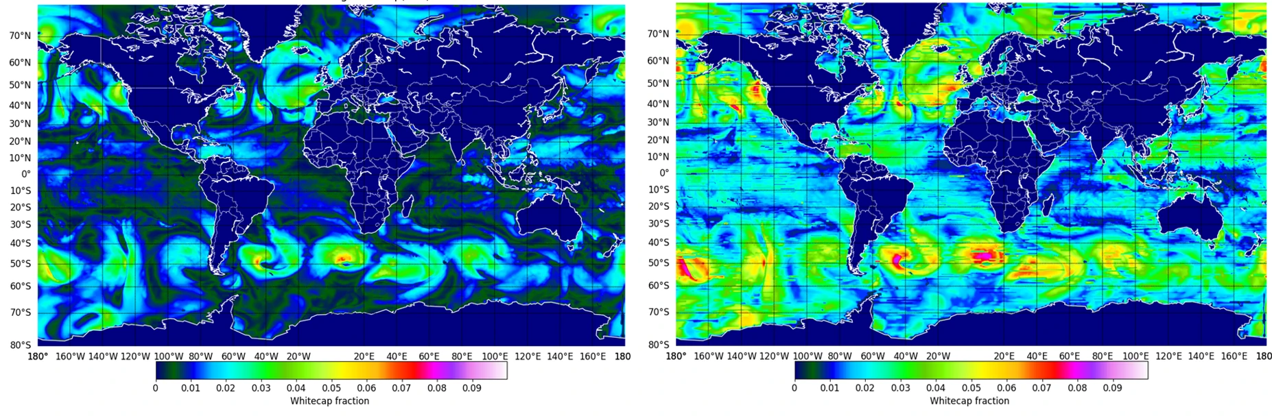 Simulated whitecap fraction by IFS-COMPO on 1/1/2017 0UTC, using the operational A16 scheme (left), and with deep learning model enabled through the INFERO library (right).