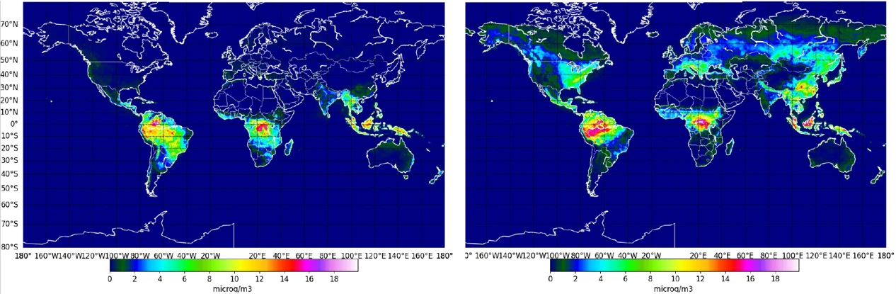 Average of surface concentration in µg/m3 of fungal spores simulated by IFS-COMPO, using the Heald and Spracklen emissions parameterization, for January (left) and July (right) 2019.