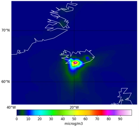 Simulated dust surface concentration over Iceland in June 2019 with an update of the dust source function