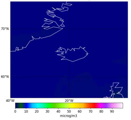 Simulated dust surface concentration over Iceland in June 2019, operational cycle 49R1