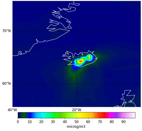 Simulated dust surface concentration over Iceland in June 2019 using the new dust emission scheme