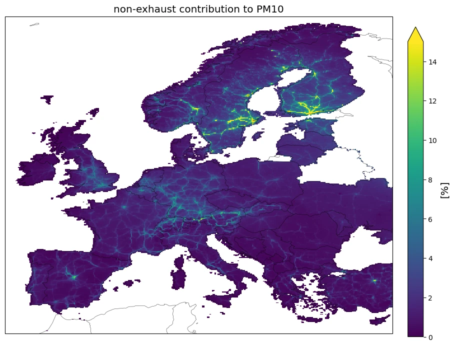 20250717_Figure_ReviewMeeting Map, over Europe, of contribution (in percent) of non-exhaust emissions to annual mean PM10 simulated concentration, averaged of 2023.