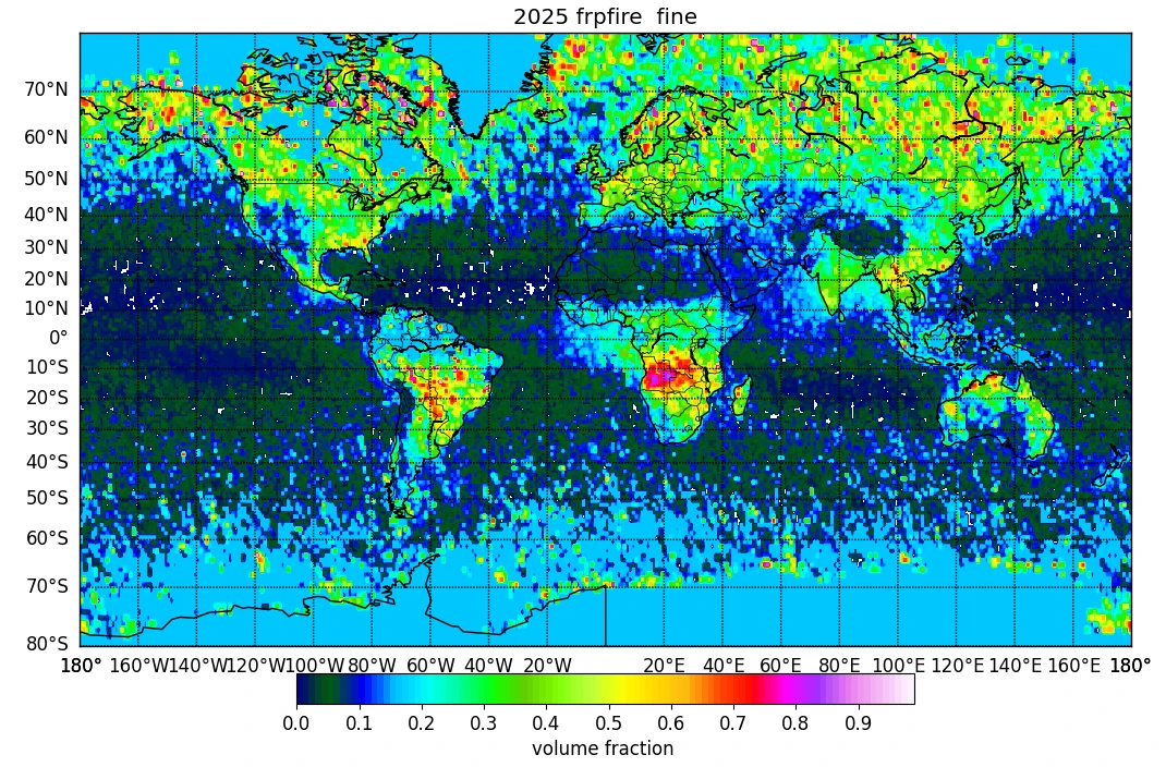 News_ICAP2026_Figure1 Volume fraction of fine non absorbing aerosols retrieved by SPEXone, averaged over January-October 2025.